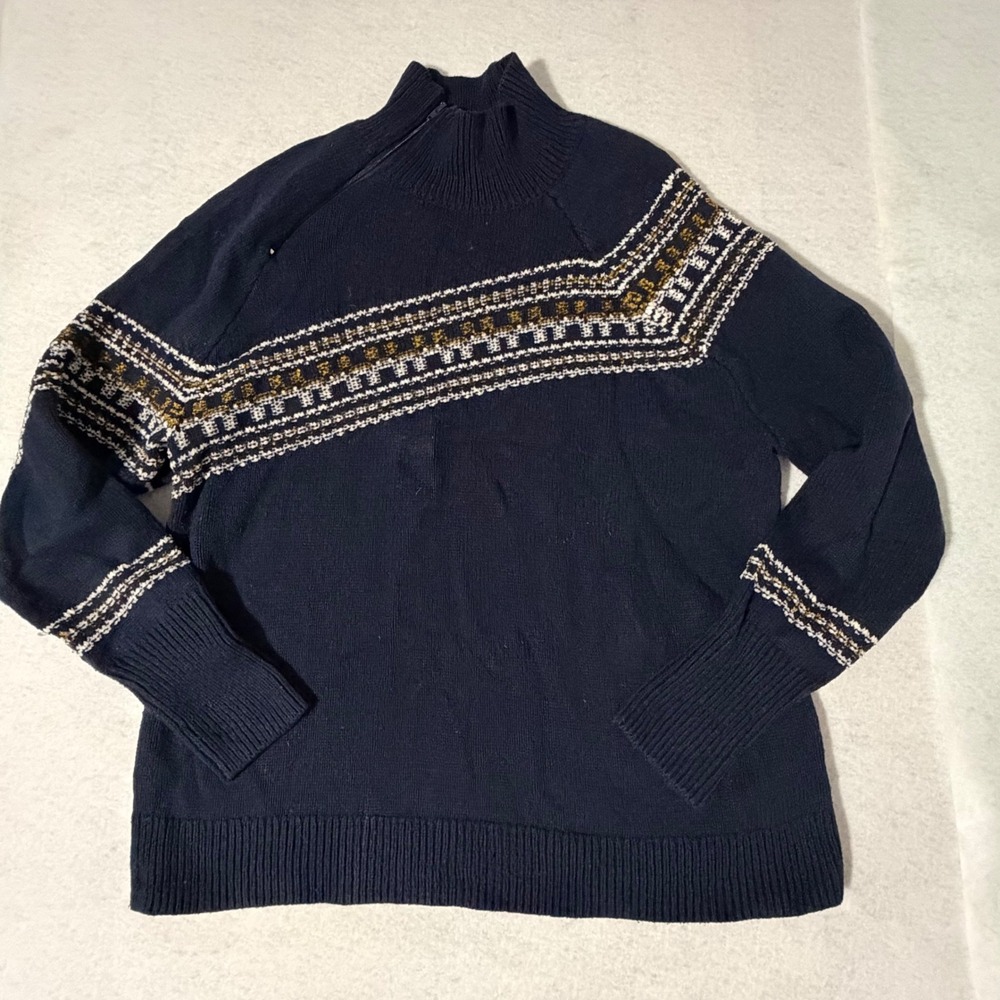 Cabi Navy Blue Fair Isle Mock Neck Shoulder Zip Sweater 4231 Womens Medium